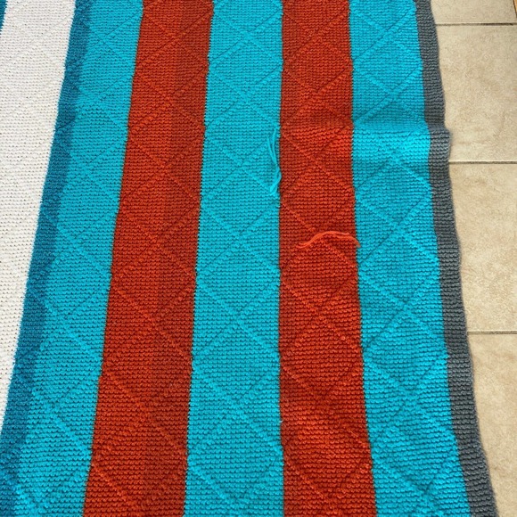 Afghan Knit Crochet Blanket Throw Handmade Turquoise Coral White Stripe 65x54 - Picture 3 of 7